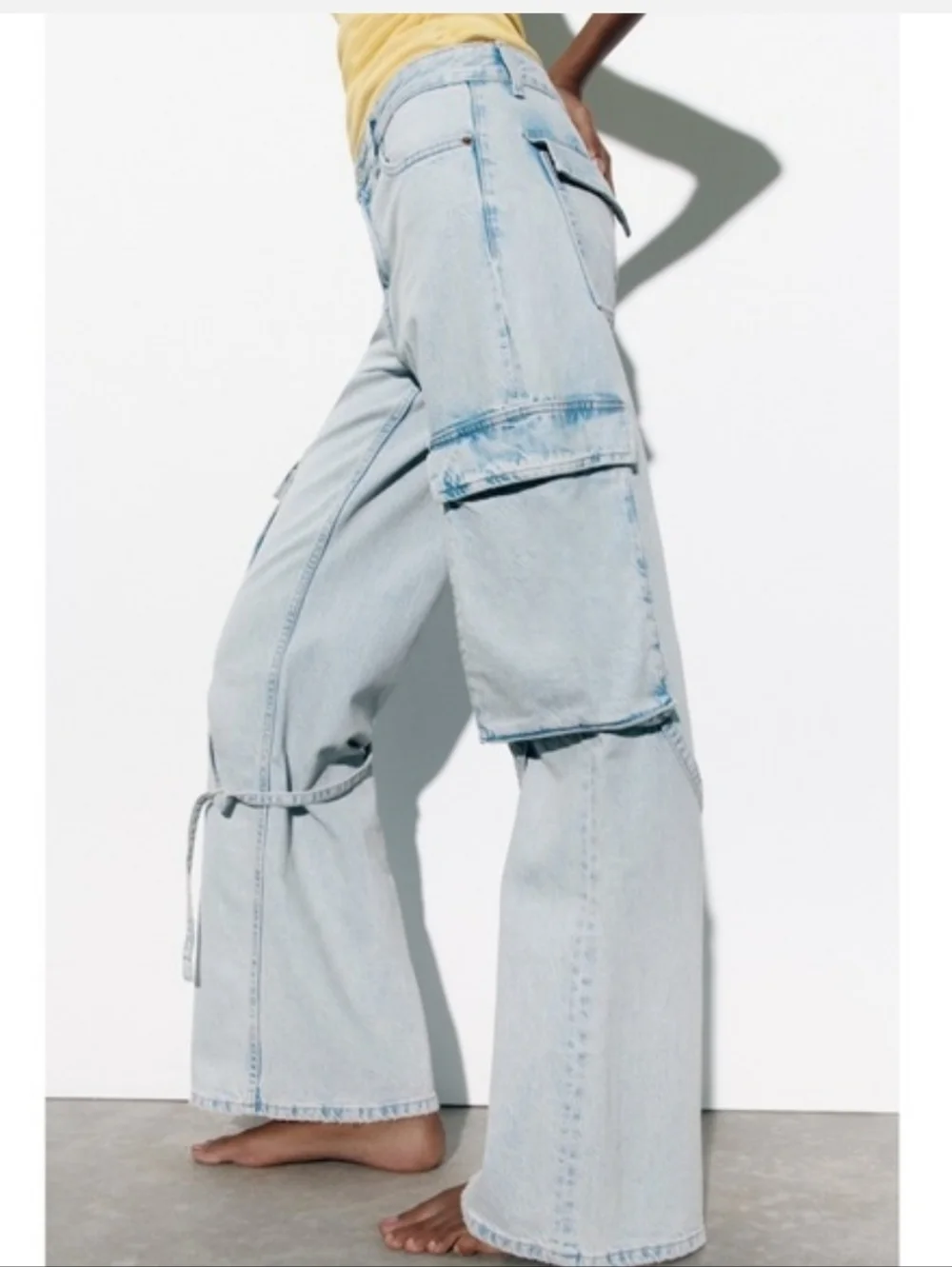Zara Mid Rise Light Blue Wash TRF Belt Loop Cargo Wide Leg Jeans 4 - Picture 3 of 11